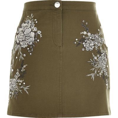 Khaki floral embroidered mini skirt
